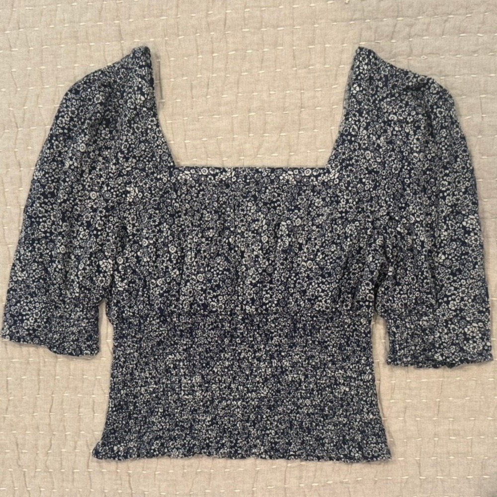 Ditsy Floral Puff Sleeve Smocked Peasant Top Small Navy Cottagecore Prairie